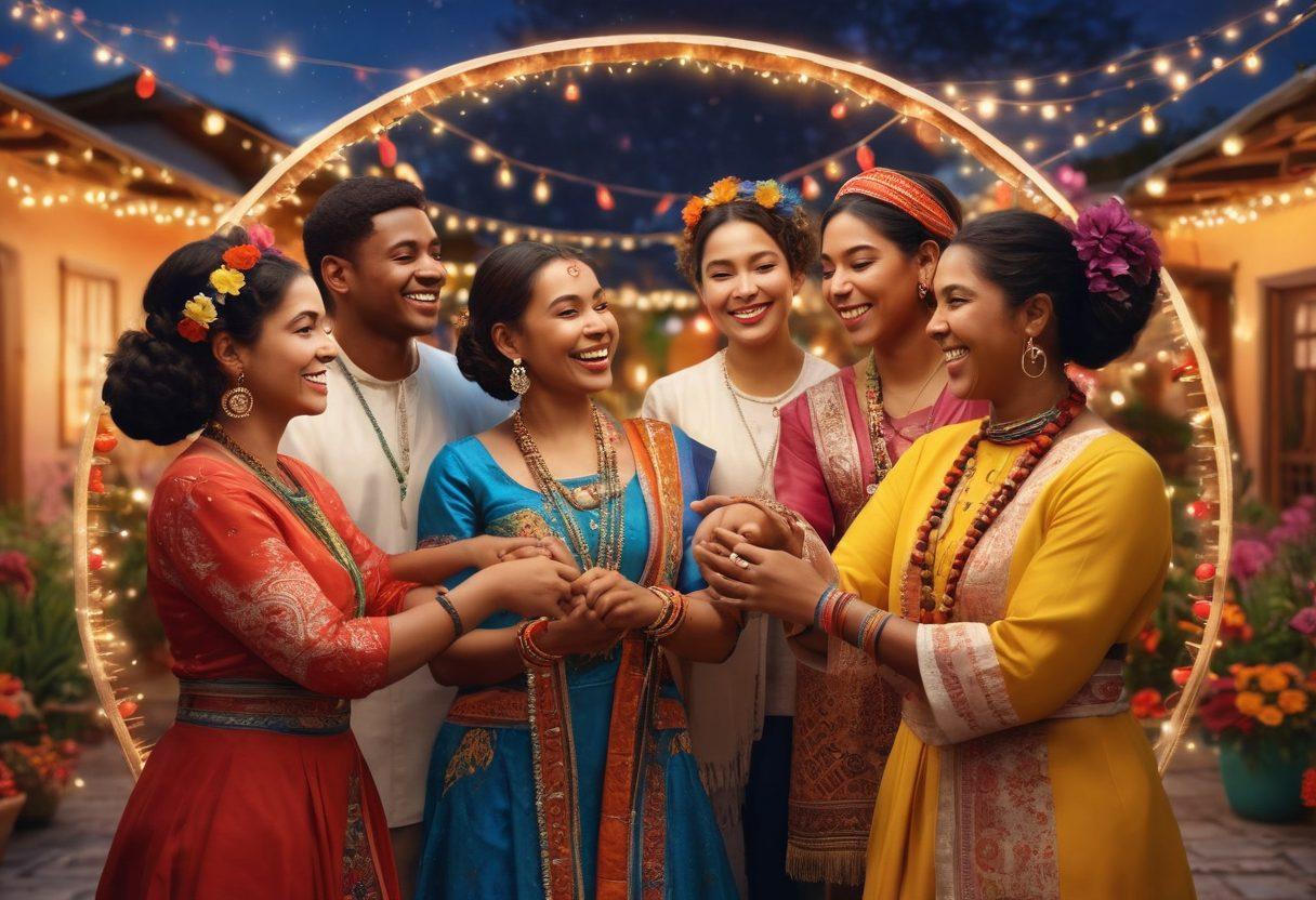 A vibrant gathering of diverse friends engaged in various cultural celebrations, showcasing traditional attire from different cultures, colorful decorations, and joyful expressions. In the background, a large circle symbolizing friendship adorned with strings of lights and flowers. Capturing warmth and inclusion, with a focus on laughter and community spirit. super-realistic. vibrant colors. 3D.