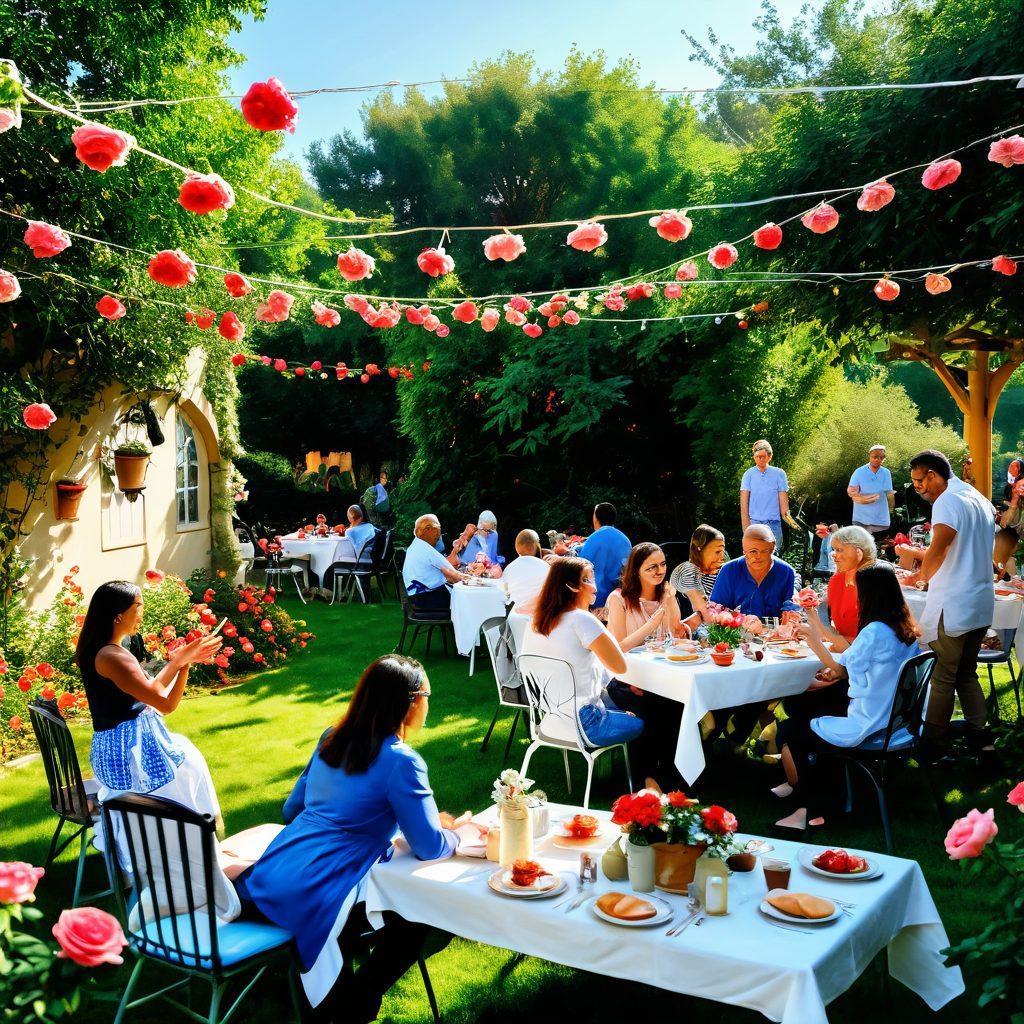 A lively gathering in a beautiful garden full of blooming roses, featuring diverse groups of people engaged in fun activities, such as dancing, painting, and sharing stories. Soft sunlight filters through the leaves, creating a warm and inviting atmosphere. Include vibrant decorations and fun elements like picnic setups and artisanal food stalls to emphasize community engagement. super-realistic. vibrant colors. cheerful ambiance.