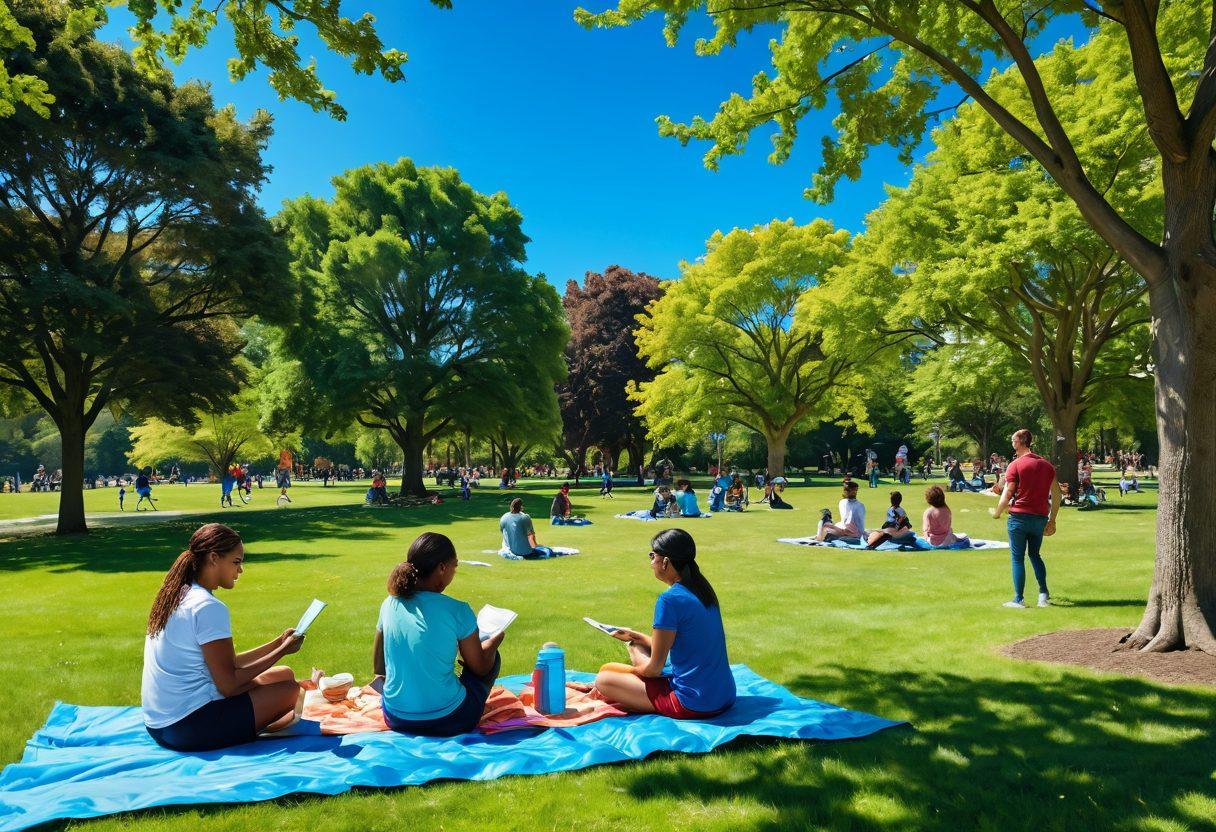 A vibrant park scene filled with diverse groups of people engaging in various leisure activities like playing frisbee, reading, painting, and sharing a picnic, all under a bright blue sky. Include greenery and colorful flowers to create a lively atmosphere, showcasing strong social connections through laughter and smiles. Emphasize inclusivity and warmth in the interactions. super-realistic. vibrant colors. sunny day.